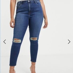 ASOS Curve high rise ridley 'skinny' jeans in dark stonewash with ripped knees